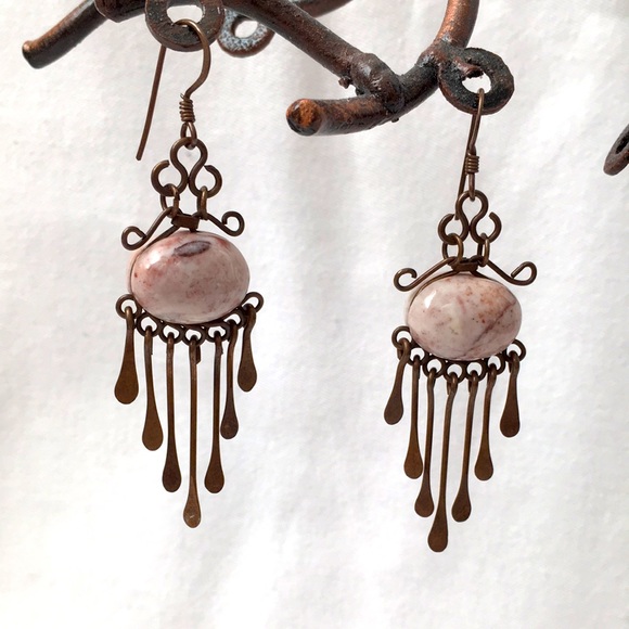 Genuine pink jasper and copper earrings - Picture 1 of 3